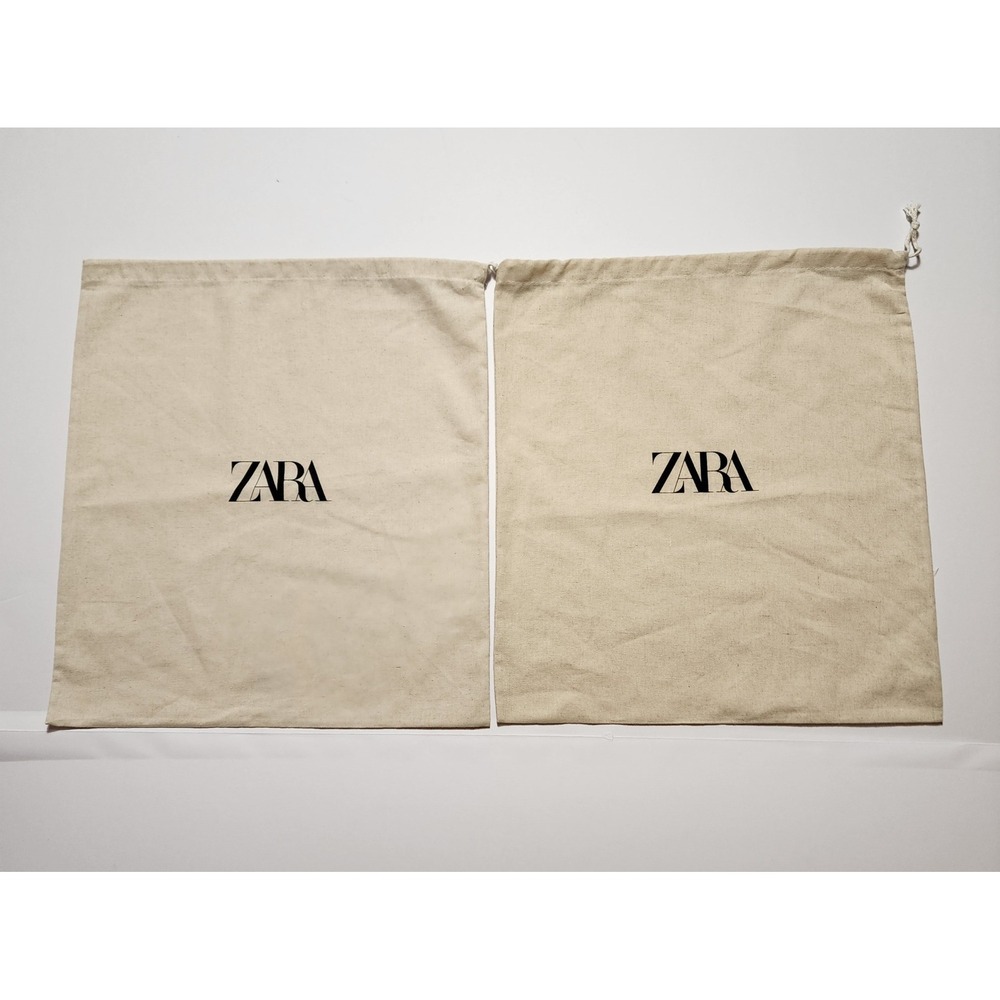 Zara Set of 2 Cotton Canvas Drawstring Dust Bags Cream Logo Storage 12.5x14